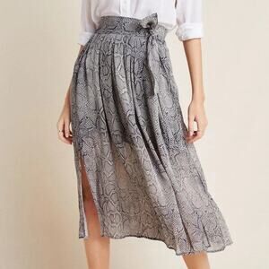 Maeve by Anthropologie Annette Snake Pleated Tie Slit Midi Navy Skirt Women's 6